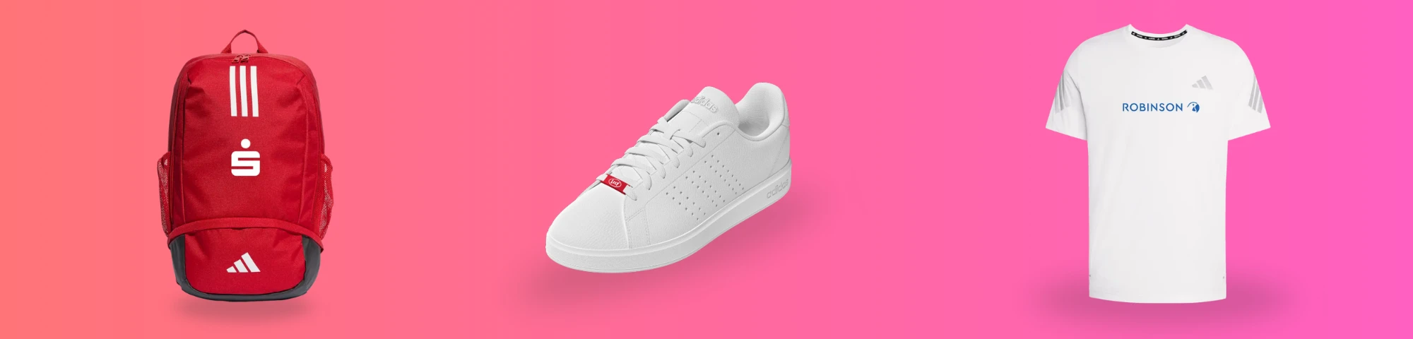 Corporate Wear im Firmen-CI: roter adidas Rucksack mit Sparkassen-Logo, weißer Sneaker mit Lely-LaceTag, weißes Laufshirt mit Robinson-Logo